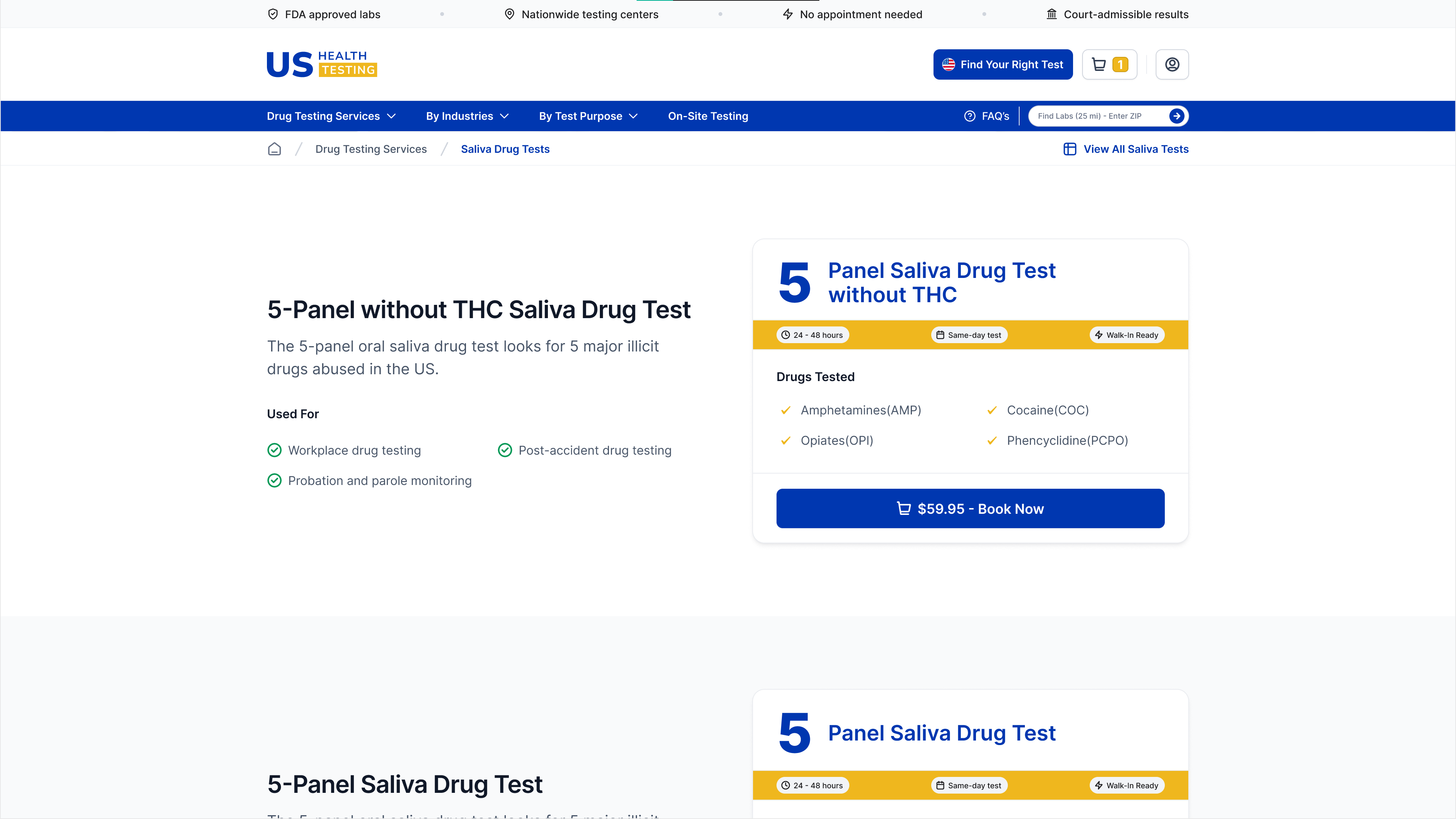 Saliva drug test selection interface showing test options and pricing